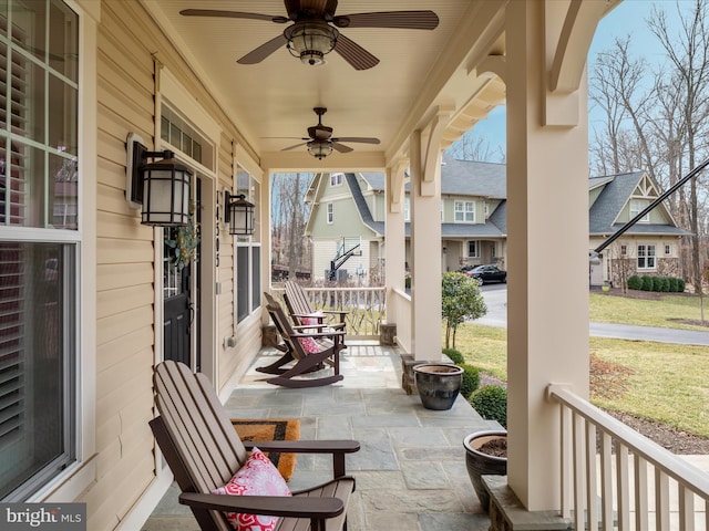 view of patio / terrace featuring a porch and a ceiling fan