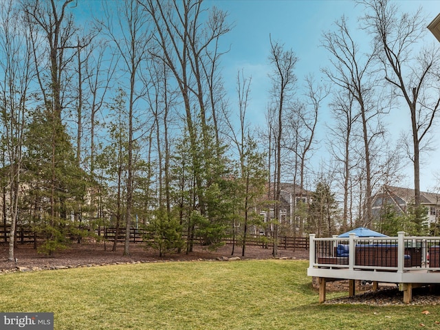 view of yard featuring fence and a deck