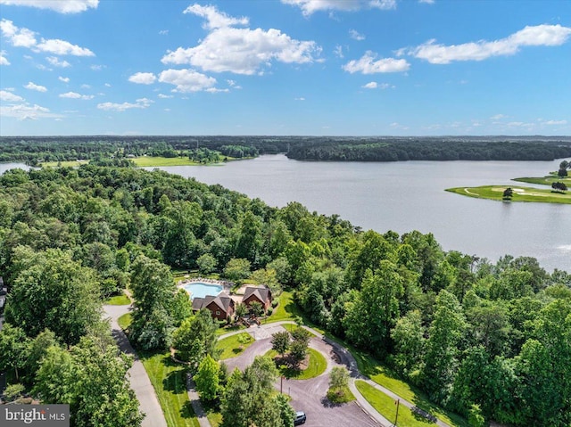 aerial view featuring a water view and a view of trees