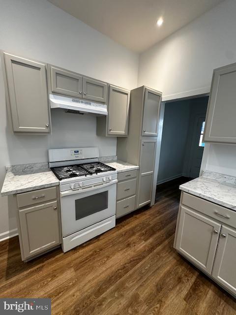 kitchen featuring under cabinet range hood, white gas range, and gray cabinetry