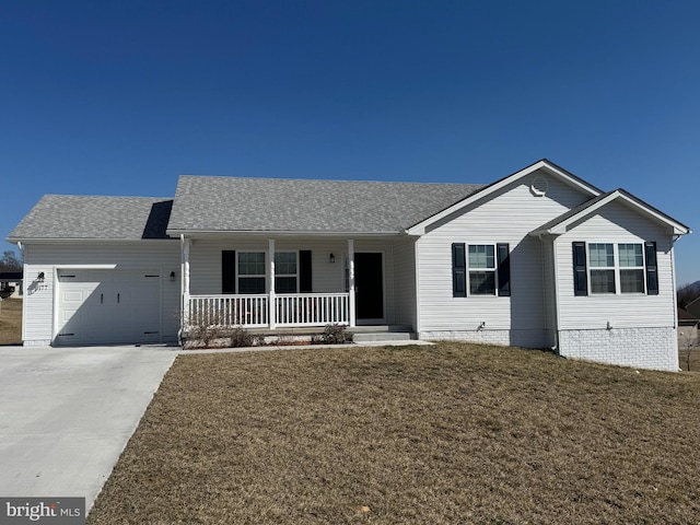 single story home with a porch, an attached garage, a shingled roof, concrete driveway, and a front yard