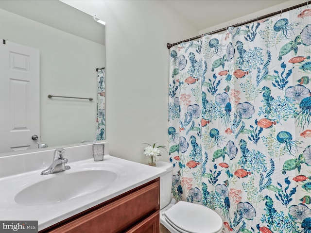 full bathroom featuring toilet, curtained shower, and vanity