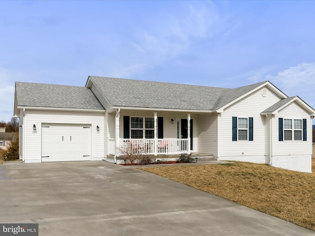 single story home with a garage, concrete driveway, a porch, and a shingled roof