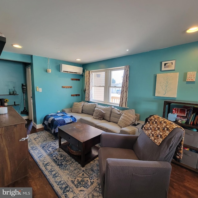 living area featuring recessed lighting, baseboards, an AC wall unit, and wood finished floors