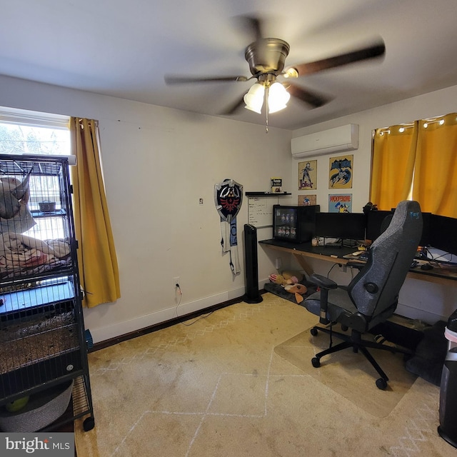 home office with a wall mounted AC, a ceiling fan, and baseboards