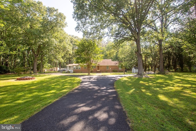 view of front facade featuring a front yard, brick siding, and driveway