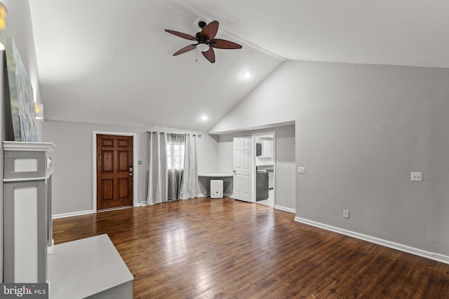 unfurnished living room with ceiling fan, baseboards, high vaulted ceiling, and wood finished floors