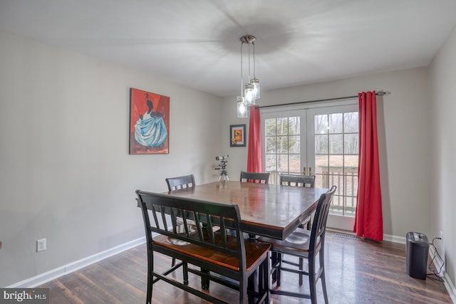 dining area with dark wood-style floors, visible vents, baseboards, and french doors