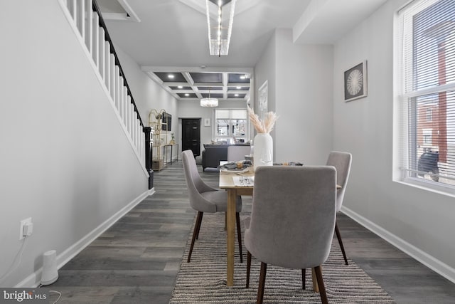 dining area with stairway, coffered ceiling, dark wood finished floors, and baseboards