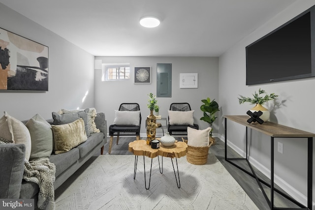 living room featuring wood finished floors, electric panel, and baseboards