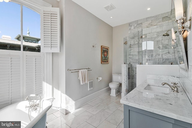 bathroom featuring toilet, visible vents, baseboards, marble finish floor, and a stall shower