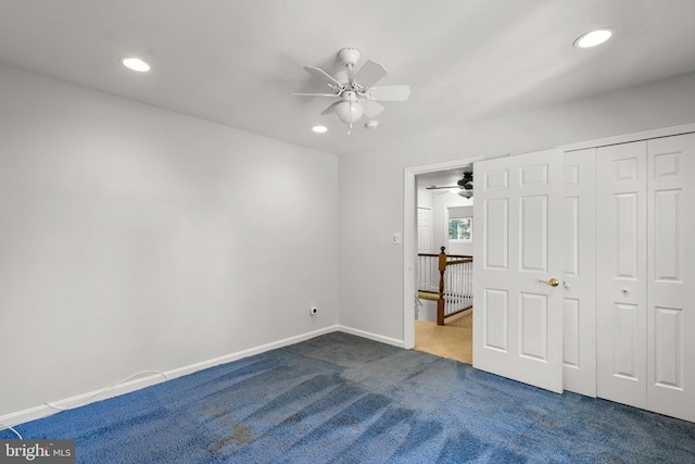 unfurnished bedroom with a ceiling fan, carpet, baseboards, and recessed lighting