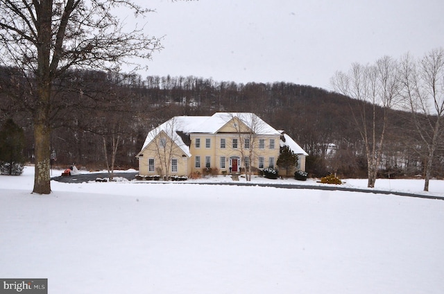 view of front of house with a forest view