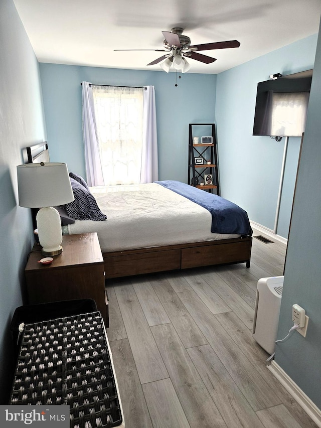 bedroom featuring wood finished floors, visible vents, and ceiling fan