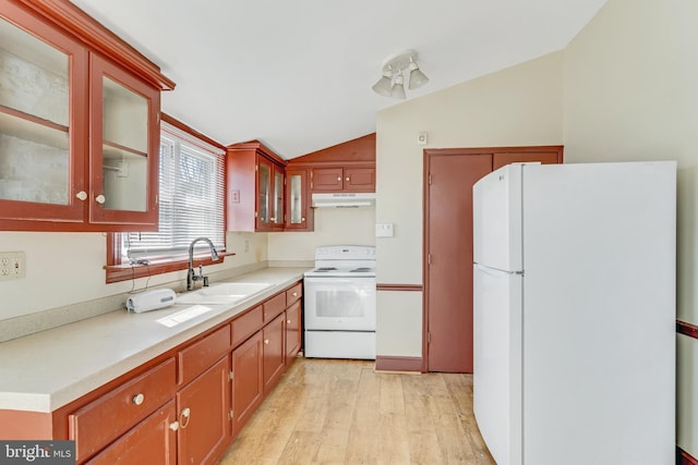 kitchen with lofted ceiling, under cabinet range hood, white appliances, a sink, and light wood finished floors