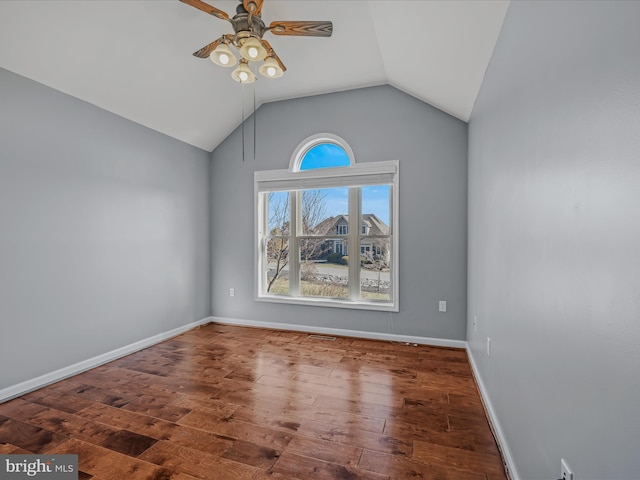 bonus room featuring lofted ceiling, ceiling fan, baseboards, and hardwood / wood-style floors