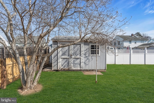 view of shed with a fenced backyard