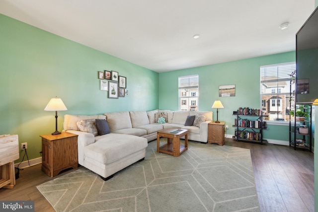 living room with a wealth of natural light, baseboards, and wood finished floors