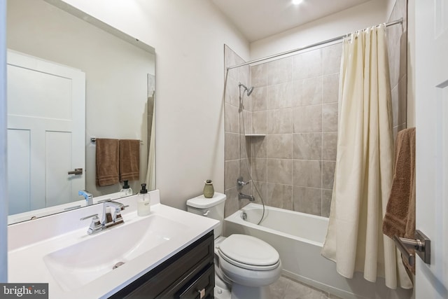 bathroom with vanity, toilet, and shower / bathtub combination with curtain