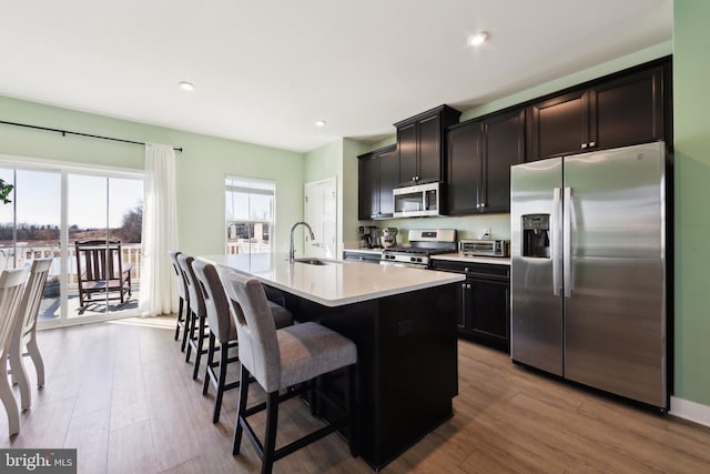 kitchen with a sink, wood finished floors, a kitchen island with sink, and stainless steel appliances