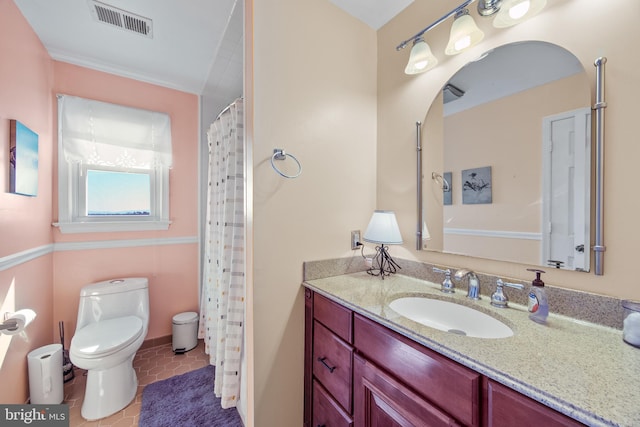 full bathroom featuring visible vents, toilet, a shower with shower curtain, tile patterned flooring, and vanity