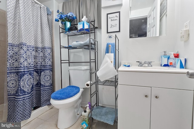 4103 Parkwood Ave, Baltimore, MD 21206 - bathroom featuring toilet, tile patterned floors, vanity, and a shower with curtain