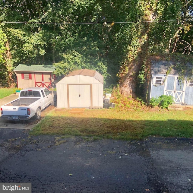 view of yard featuring a storage shed and an outdoor structure