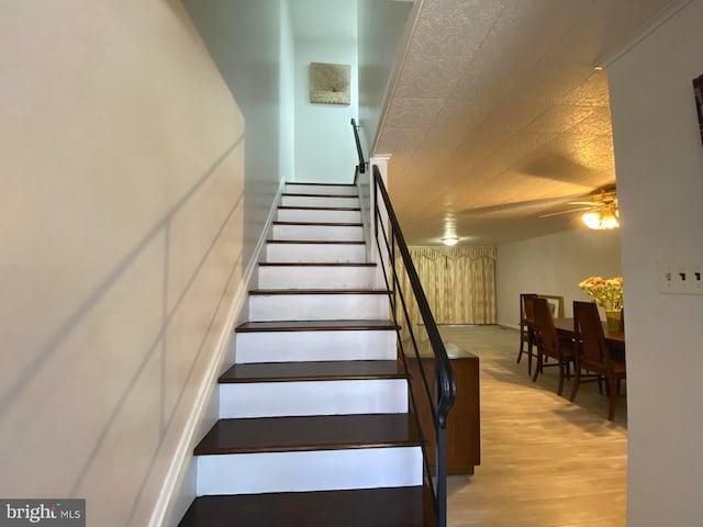 staircase featuring ceiling fan and wood finished floors