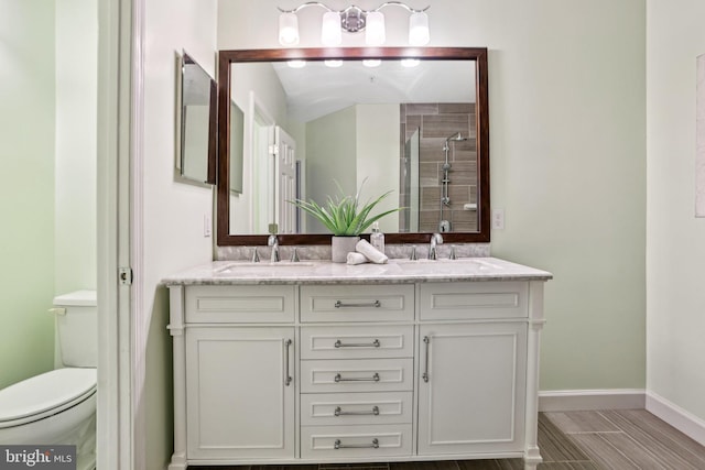 full bathroom featuring double vanity, a stall shower, baseboards, toilet, and a sink