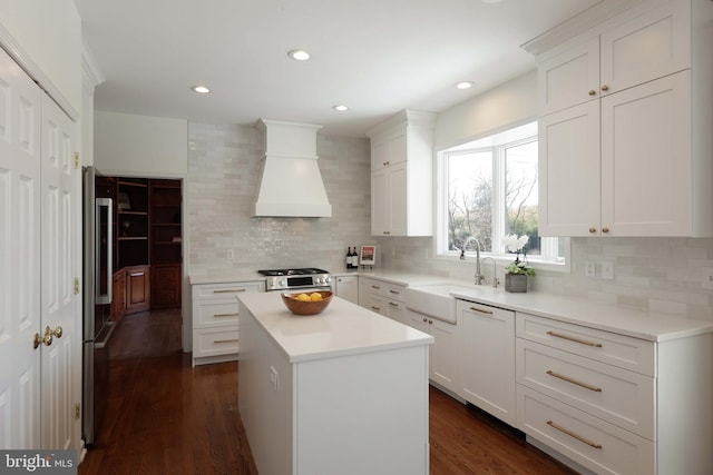 kitchen with tasteful backsplash, custom range hood, appliances with stainless steel finishes, a center island, and a sink