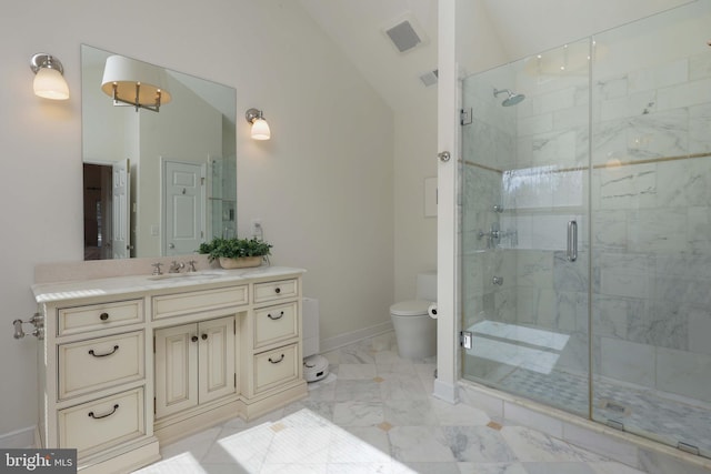 full bathroom featuring marble finish floor, toilet, a shower stall, vanity, and baseboards