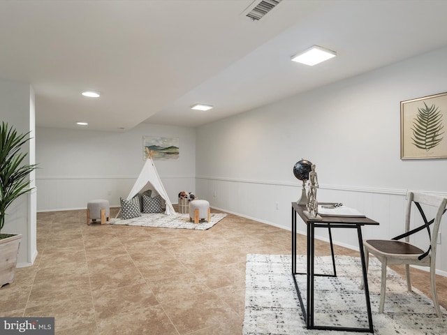 office area featuring recessed lighting, visible vents, wainscoting, and tile patterned flooring