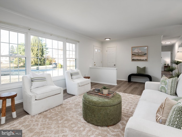 living room featuring crown molding, plenty of natural light, wood finished floors, and baseboards