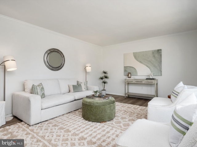 living area with ornamental molding and wood finished floors