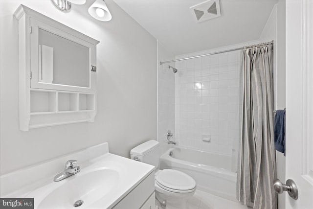 full bathroom with visible vents, toilet, vanity, and shower / bath combination with curtain