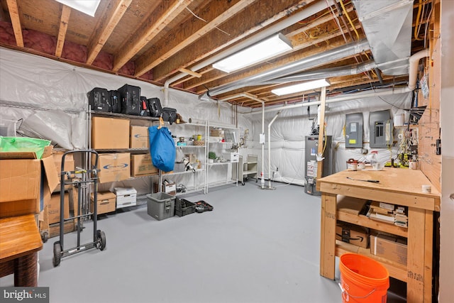 unfinished basement featuring electric panel and water heater