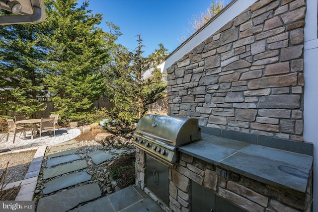 view of patio / terrace with grilling area, outdoor dining area, a fenced backyard, and exterior kitchen