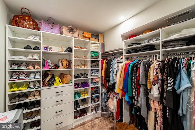 spacious closet featuring wood finished floors and visible vents