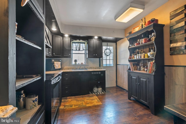 kitchen featuring a wainscoted wall, dark cabinetry, light countertops, a sink, and black range with electric cooktop