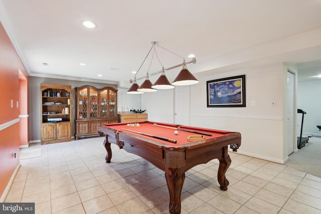 game room featuring light tile patterned flooring, crown molding, baseboards, recessed lighting, and billiards