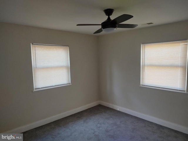 spare room with plenty of natural light, baseboards, visible vents, and carpet