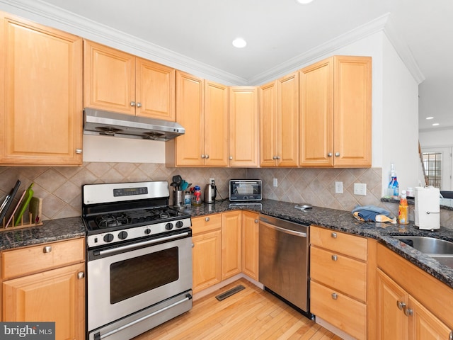 kitchen featuring light wood finished floors, a toaster, ornamental molding, under cabinet range hood, and appliances with stainless steel finishes