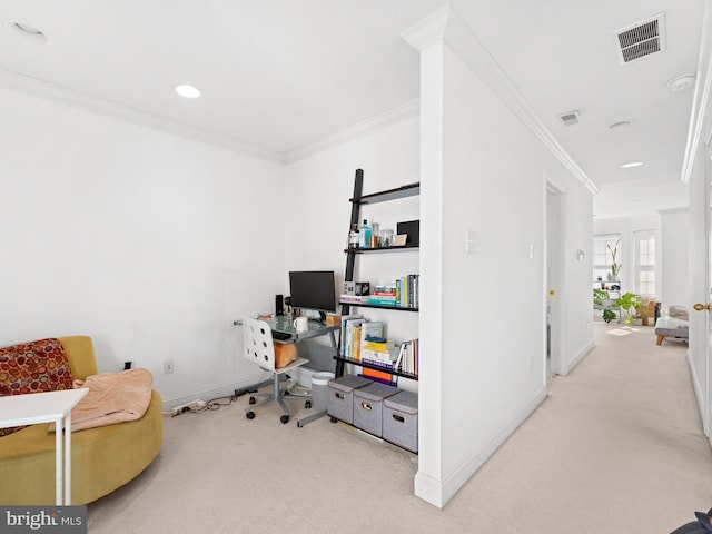 interior space featuring visible vents, carpet flooring, and crown molding