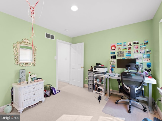 carpeted home office with recessed lighting, visible vents, and baseboards