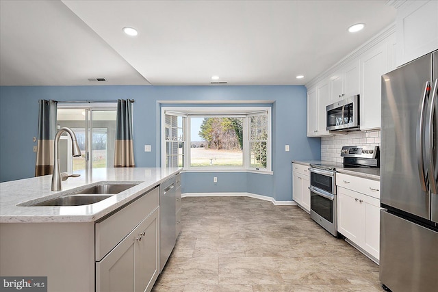 kitchen with visible vents, a sink, backsplash, appliances with stainless steel finishes, and white cabinets