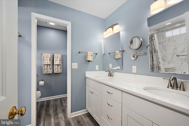 bathroom with double vanity, wood finished floors, baseboards, and a sink