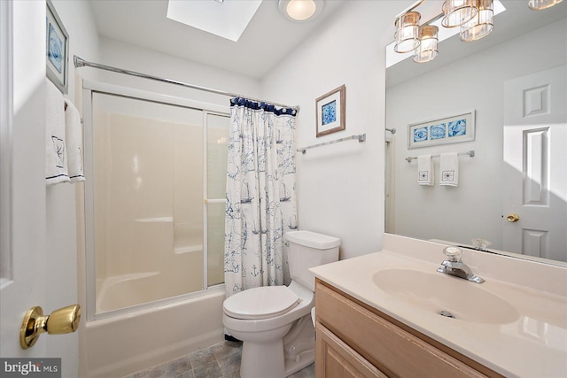 full bathroom featuring vanity, shower / tub combo, toilet, and a skylight