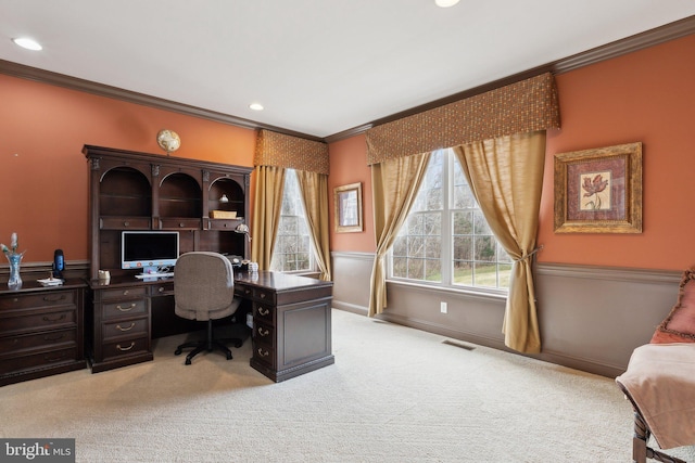 office space featuring light carpet, recessed lighting, visible vents, and ornamental molding