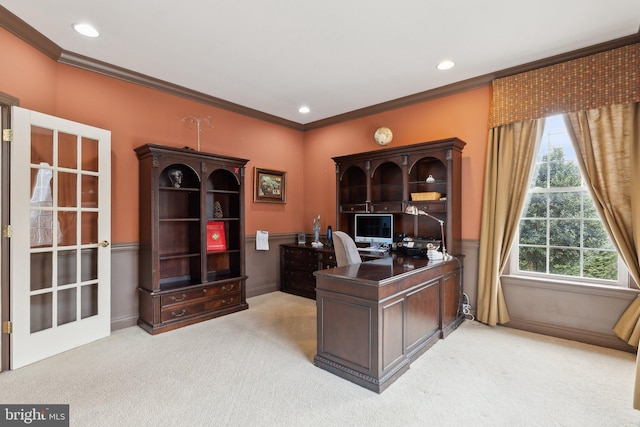 home office with light carpet, recessed lighting, a healthy amount of sunlight, and ornamental molding