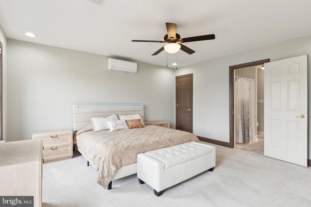 bedroom featuring baseboards, light carpet, recessed lighting, a wall mounted AC, and a ceiling fan